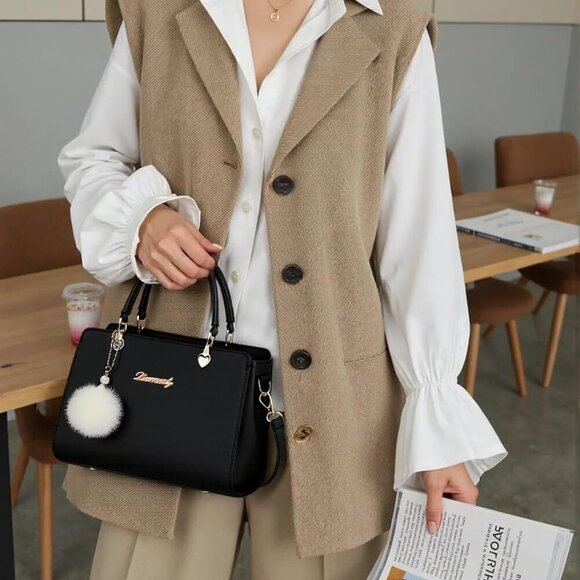 Elegant Women's Black Crossbody Satchel with Adjustable Strap & Spacious Storage - Picture 2 of 8